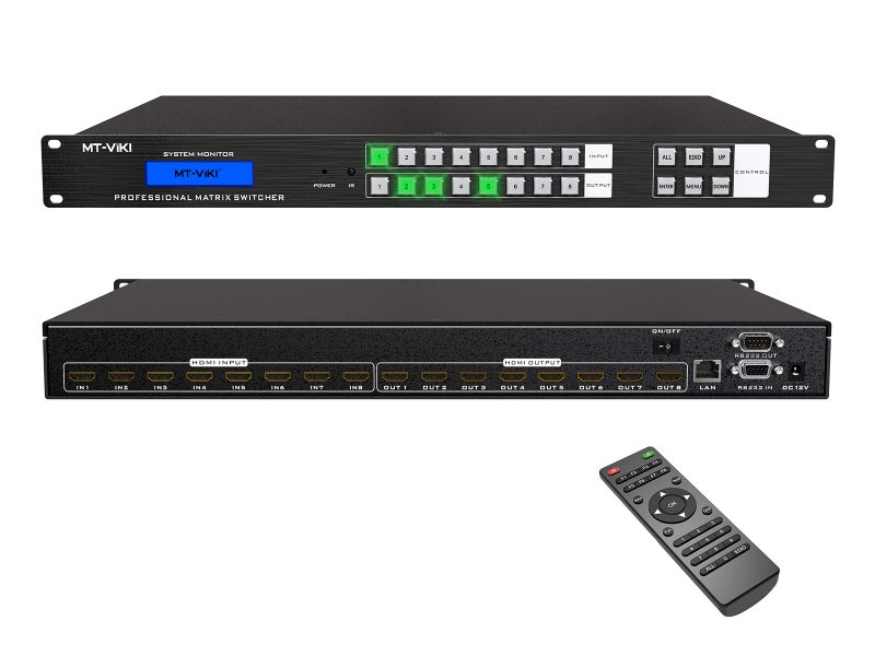 MT-VIKI 4K HDMI Matrix Switch 8x8, 4K@30Hz Rack Mount Switcher & Splitter with Backlit RS232 LAN Port and EDID, Built-in US ADI Chip (8 in 8 Out) - Image 1