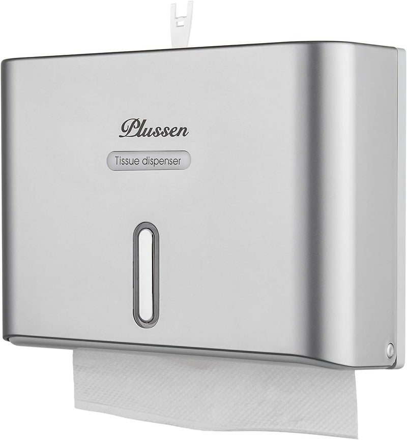 PLUSSEN Paper Towel Dispenser Wall Mount, Adhesive No Drilling Multifold Trifold C Fold Commercial Hand Towel Dispenser,Silver - Image 1