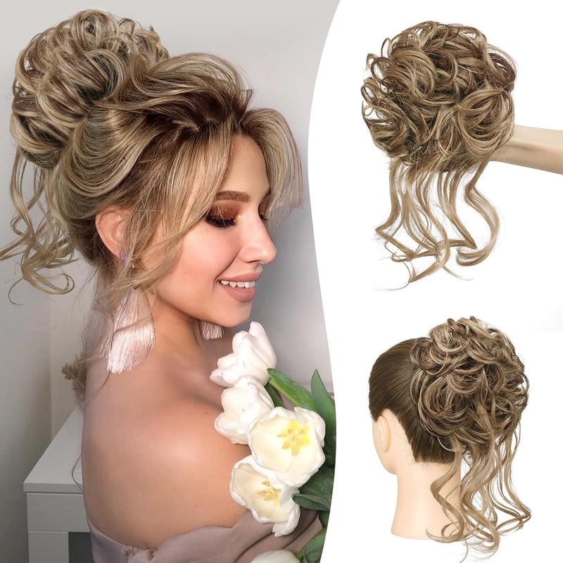 SOFEIYAN Messy Bun Hair Piece Curly Wavy Hair Bun Extensions Synthetic Tousled Updo with Tendrils Hairpieces Bun Donut Accessories Scrunchies for Women, Brown Mix Blond - Image 1