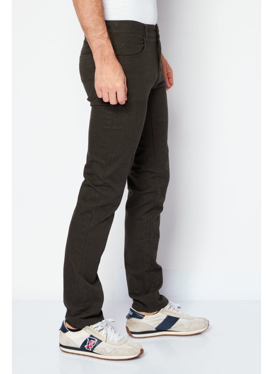 TRUSSARDI JEANS - Men Regular Fit Textured Stretchable Chino Pants, Dark Olive - Image 1