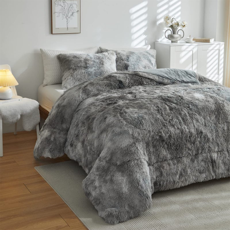 Wajade Faux Fur Plush Tie Dye Grey White Comforter Set Fluffy Fuzzy Shaggy Bedding Set - 3PC Full/Queen Microfiber Soft Warm Quilt Set - Image 3