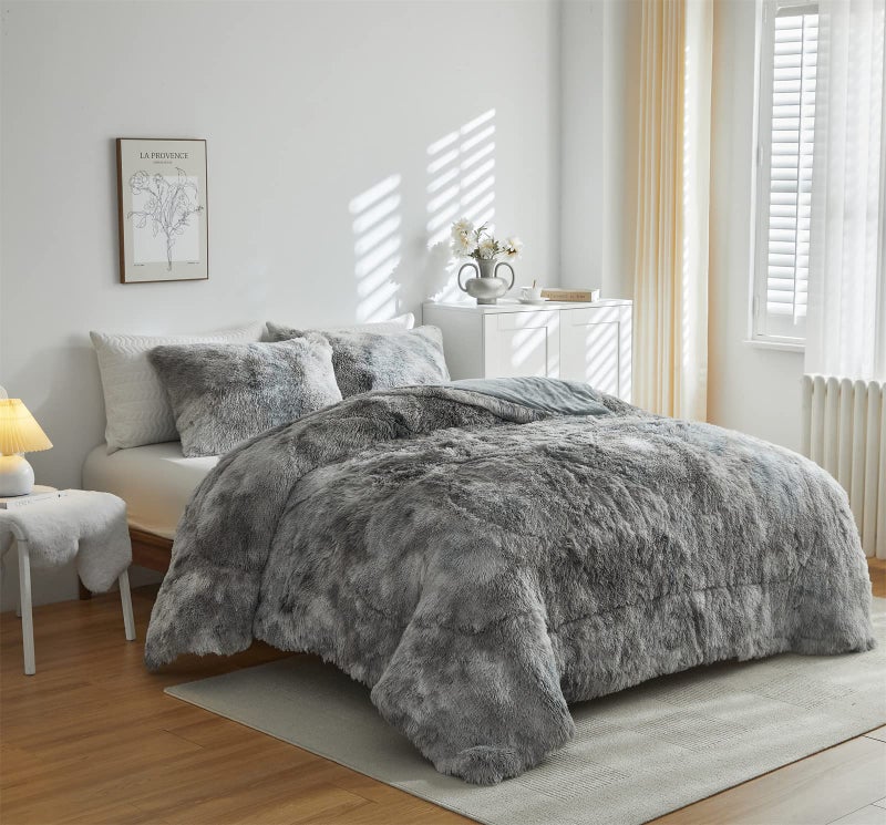 Wajade Faux Fur Plush Tie Dye Grey White Comforter Set Fluffy Fuzzy Shaggy Bedding Set - 3PC Full/Queen Microfiber Soft Warm Quilt Set - Image 4