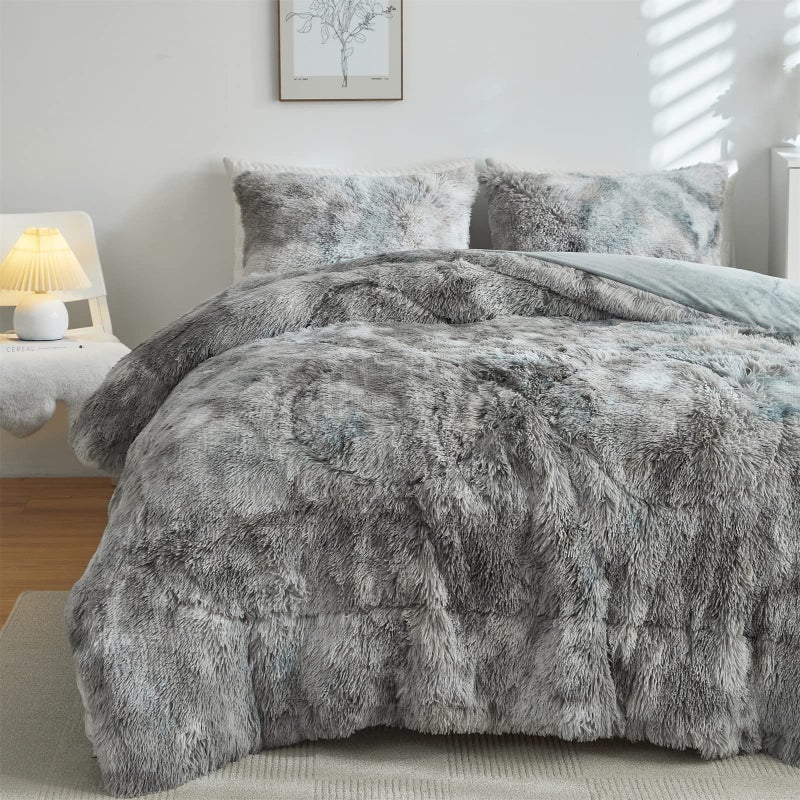 Wajade Faux Fur Plush Tie Dye Grey White Comforter Set Fluffy Fuzzy Shaggy Bedding Set - 3PC Full/Queen Microfiber Soft Warm Quilt Set - Image 1