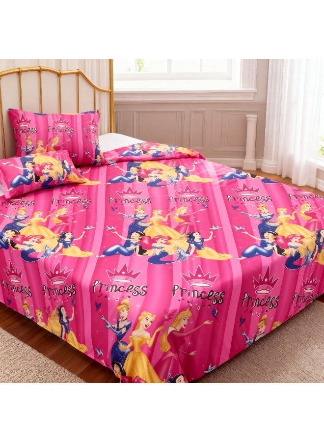 King Size Bedsheet. Cartoon Princess Themed Bedding Set, Pink Color for Girls. Soft Cotton Blend Bedsheet with 2 Pillowcases, King Size 230x240 cm. Bed Sheet for Girls. Pink Bedsheet. Bed Cover - Image 1
