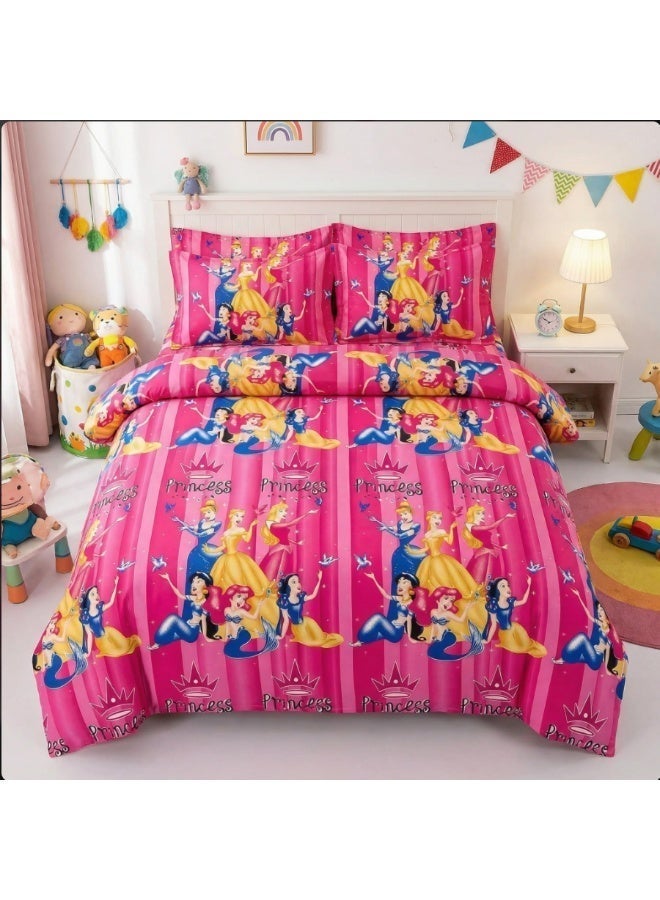 King Size Bedsheet. Cartoon Princess Themed Bedding Set, Pink Color for Girls. Soft Cotton Blend Bedsheet with 2 Pillowcases, King Size 240x220 cm. Bed Sheet for Girls. Pink Bedsheet. King Size Bed Sheet for Girls. Cartoon Bed Sheet - Image 1