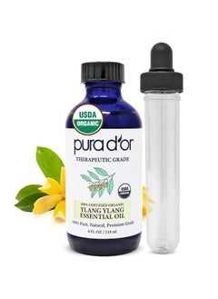 Pura d'or PURA D'OR Organic Ylang Ylang Essential Oil (4oz with Glass Dropper) 100% Pure & Natural Therapeutic Grade for Hair, Body, Skin, Aromatherapy Diffuser, Relaxation, Massage, Mood, Antioxidant Support 