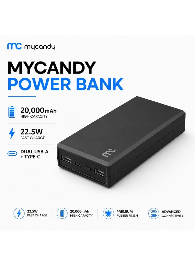 MYCANDY Pb-C250 20000Mah 22.5W Usb-C Pd Fast Charging Power Bank, Black Black - Image 1