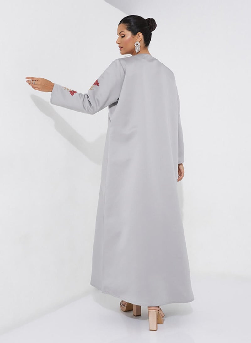Rosette Abaya Elegant Grey abaya with maroon & gold hand embroidery - Image 3