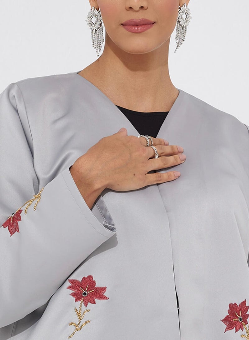 Rosette Abaya Elegant Grey abaya with maroon & gold hand embroidery - Image 2