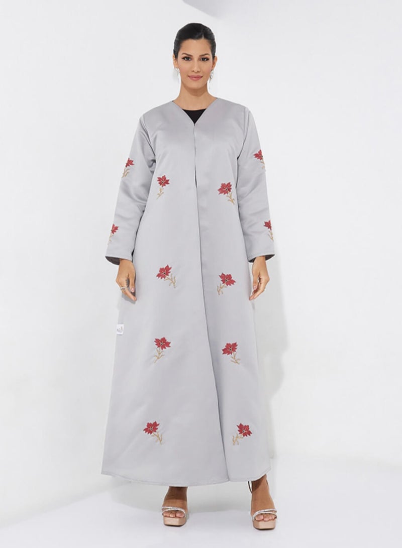 Rosette Abaya Elegant Grey abaya with maroon & gold hand embroidery - Image 1