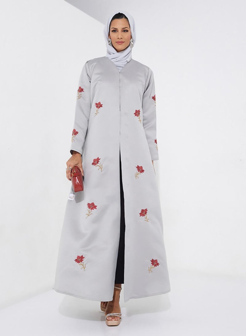 Rosette Abaya Elegant Grey abaya with maroon & gold hand embroidery - Image 4