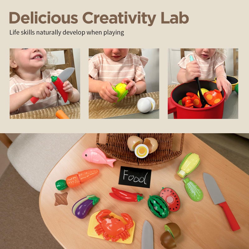GILOBABY Play Kitchen Accessories, Play Food Sets for Kids Kitchen Playset with Pots and Pans Set, Cooking Utensils, Preschool Learning Education Toys for Toddlers, Birthday Gifts for Girls (Red) - Image 3