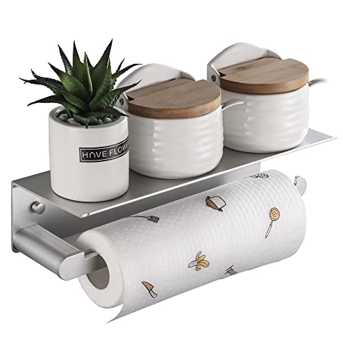 DUFU Paper Towel Holder with Shelf for Kitchen Paper Towel Holder Wall Mount for Bathroom SelfAdhesive AntiRust Aluminum No Drill or WallMounted with Screws Dull Polished Silver