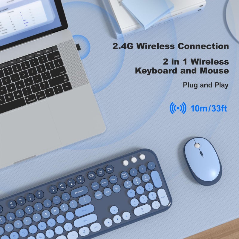 MOFII Wireless Keyboard and Mouse Combo, Full Size 2.4G Retro Round Computer Keyboard and Mouse Set, Plug and Play, for Windows, Computer, Desktop, PC, Notebook - (Sea Blue Gradient) - Image 2