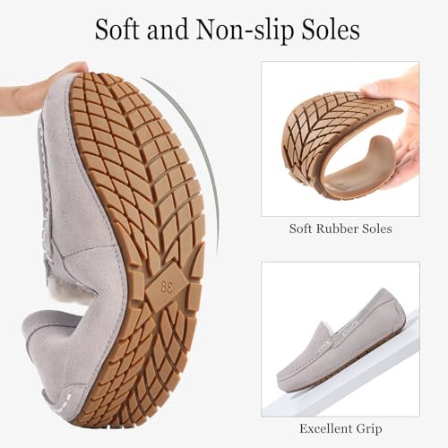 KIDMI Women's Genuine Suede Moccasin Slippers Fluffy Cozy House Shoes with Soft Sole Indoor/Outdoor, Grey 39 - Image 5