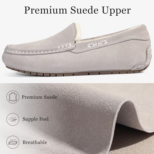 KIDMI Women's Genuine Suede Moccasin Slippers Fluffy Cozy House Shoes with Soft Sole Indoor/Outdoor, Grey 39 - Image 3