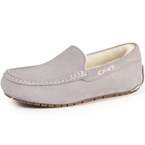 KIDMI Women's Genuine Suede Moccasin Slippers Fluffy Cozy House Shoes with Soft Sole Indoor/Outdoor, Grey 39 - Image 1