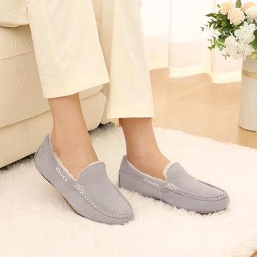 KIDMI Women's Genuine Suede Moccasin Slippers Fluffy Cozy House Shoes with Soft Sole Indoor/Outdoor, Grey 39 - Image 2