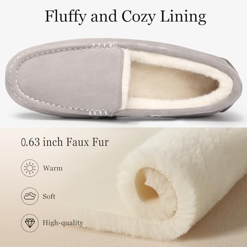 KIDMI Women's Genuine Suede Moccasin Slippers Fluffy Cozy House Shoes with Soft Sole Indoor/Outdoor, Grey 39 - Image 4