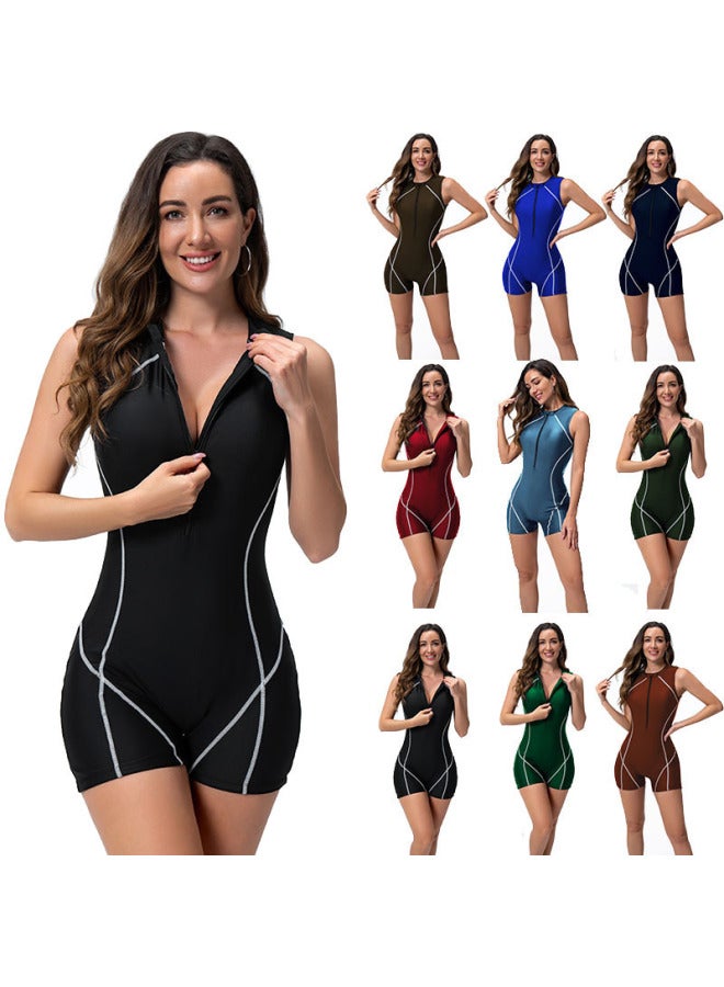 إسكدنيا European And American One-piece Swimsuit Women's Vest Surfing Suit Zipper Flat Angle Diving Suit Sports Swimsuit Jellyfish Suit New-Color:deep Forest Green- - Image 2