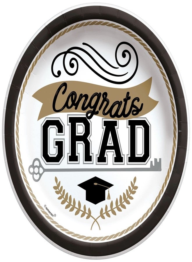 Amscan Achievement Is Key "Congrats Grad" Round Paper Plates - 8.5" (Pack of 50) - Gold, Black & White Sturdy Party Tableware, Perfect for Classy Graduation Celebrations