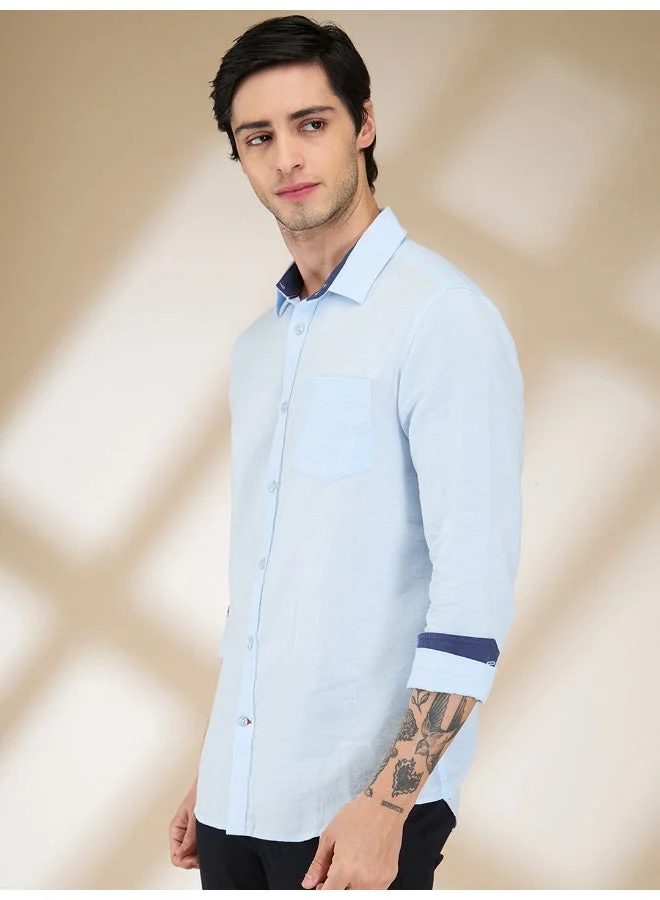 بيينغ هيومان Mens Sky Blue Collared Long Sleeve Shirt