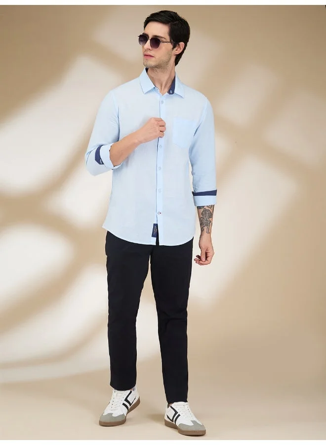 Being Human Mens Sky Blue Collared Long Sleeve Shirt