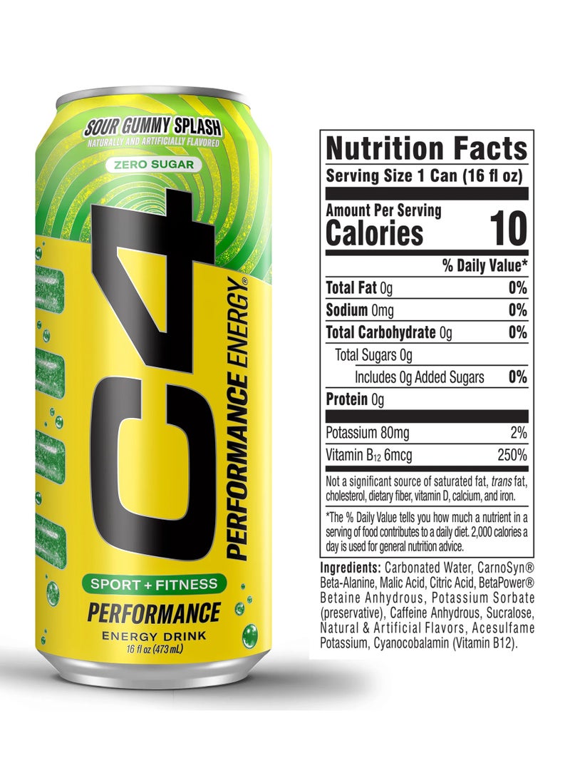 CELLUCOR C4 Energy Drink With Beta-Alanine, Zero Sugar, Carbonated Drink for Strength & Endurance, Sour Gummy Splash 473ml- (Pack of 12) - Image 4