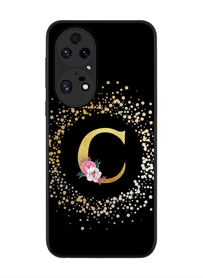 Stylizedd Rugged Black edge case for Huawei P50 Pro, Slim fit Rubber Edges Thin Cover -  Custom Monogram Initial Letter Floral Pattern Alphabet - C  (Black ) - Image 1