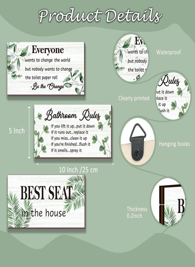 DONFENTHY 3 Pcs Green Bathroom Rules Decor Rustic Farmhouse Wooden Best Seat in The House Green Hanging Wall Art for Bathroom Toilet Decor(10x5) - Image 4