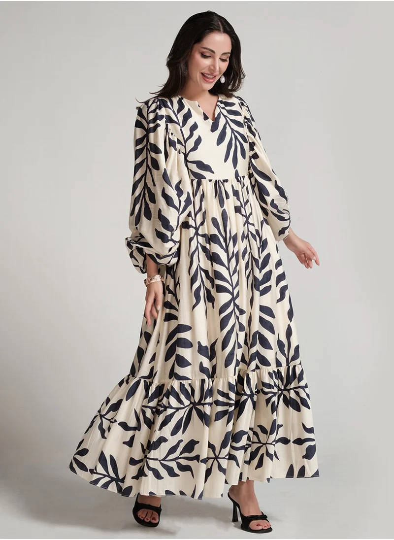 Zigzag Vneck Elasticated Sleeve Loose Fitted Printed Dress