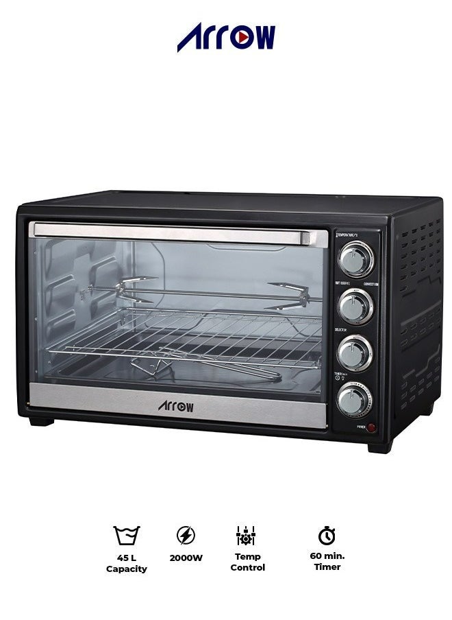 Arrow - 45L Electric Oven, 2000W | Rotisserie & Grill Function | Power Indicator Light | 60-Minute Timer with Auto Shut-Off Bell | Temperature Control up to 250°C | 4 PCS Stainless Steel Heating Elements | Heat-Resistant Glass Window | 2-Year Warranty | Model Name: RO-45EOB - Image 1