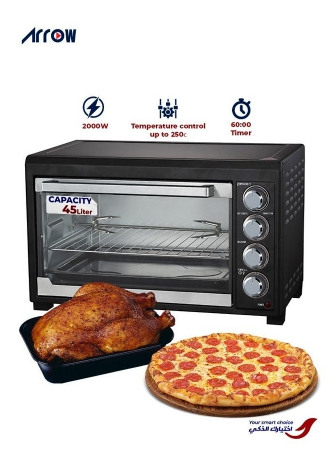 Arrow - 45L Electric Oven, 2000W | Rotisserie & Grill Function | Power Indicator Light | 60-Minute Timer with Auto Shut-Off Bell | Temperature Control up to 250°C | 4 PCS Stainless Steel Heating Elements | Heat-Resistant Glass Window | 2-Year Warranty | Model Name: RO-45EOB - Image 1