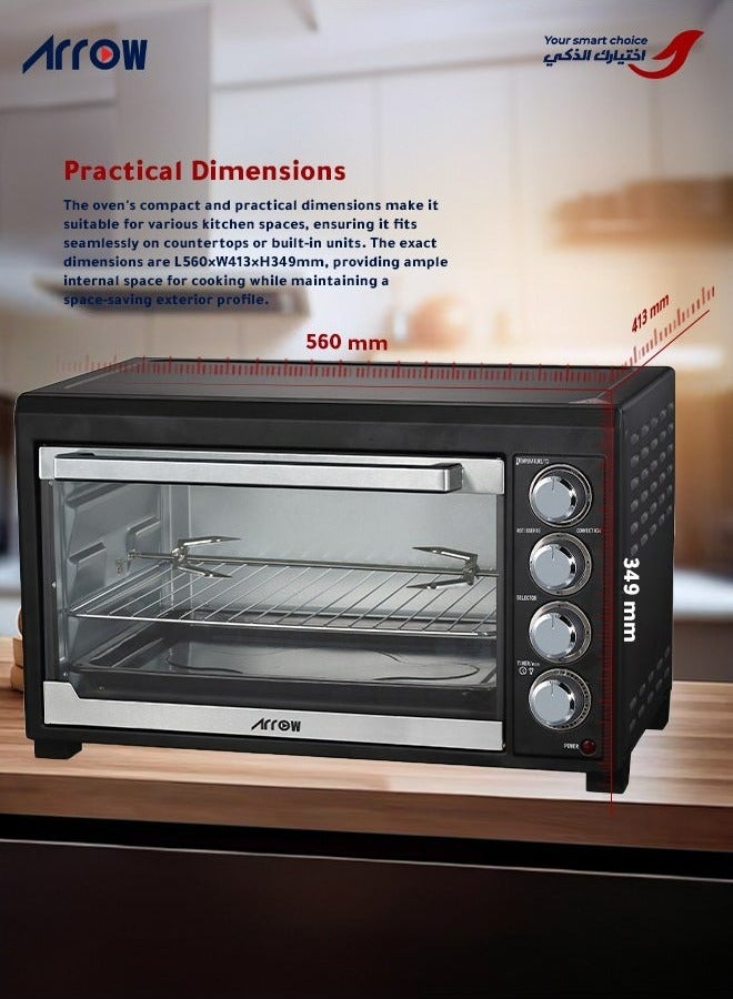 Arrow 45L Electric Oven, 2000W | Rotisserie & Grill Function | Power Indicator Light | 60-Minute Timer with Auto Shut-Off Bell | Temperature Control up to 250°C | 4 PCS Stainless Steel Heating Elements | Heat-Resistant Glass Window | 2-Year Warranty | Model Name: RO-45EOB  - Image 3