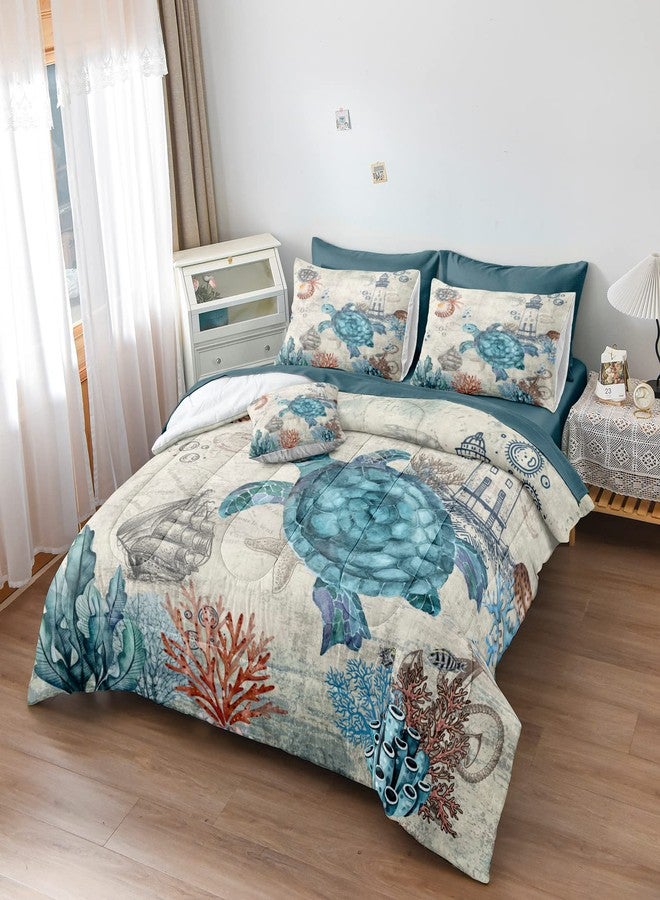 Bedding_Dreamer طقم لحاف بتصميم سلحفاة، طقم سرير من 8 قطع بتصميم سلحفاة المحيط، يتضمن لحاف واحد، شرشف مسطح واحد، شرشف مطاطي واحد، 4 أغطية وسائد، غطاء وسادة واحد (مقاس كوين، سلحفاة). - Image 2