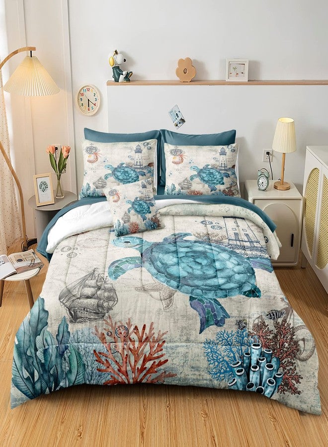 Bedding_Dreamer طقم لحاف بتصميم سلحفاة، طقم سرير من 8 قطع بتصميم سلحفاة المحيط، يتضمن لحاف واحد، شرشف مسطح واحد، شرشف مطاطي واحد، 4 أغطية وسائد، غطاء وسادة واحد (مقاس كوين، سلحفاة). - Image 1