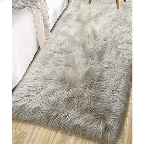 LOCHAS Soft Fluffy Faux Fur Rugs for Bedroom Bedside Rug 2x4 Feet, Washable, Furry Sheepskin Area Rug for Living Room Girls Room, Luxury Shag Carpet Home Decor, Beige - Image 1