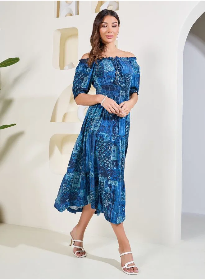 Styli Scarf Print Smocked Detail Tiered Midi Dress