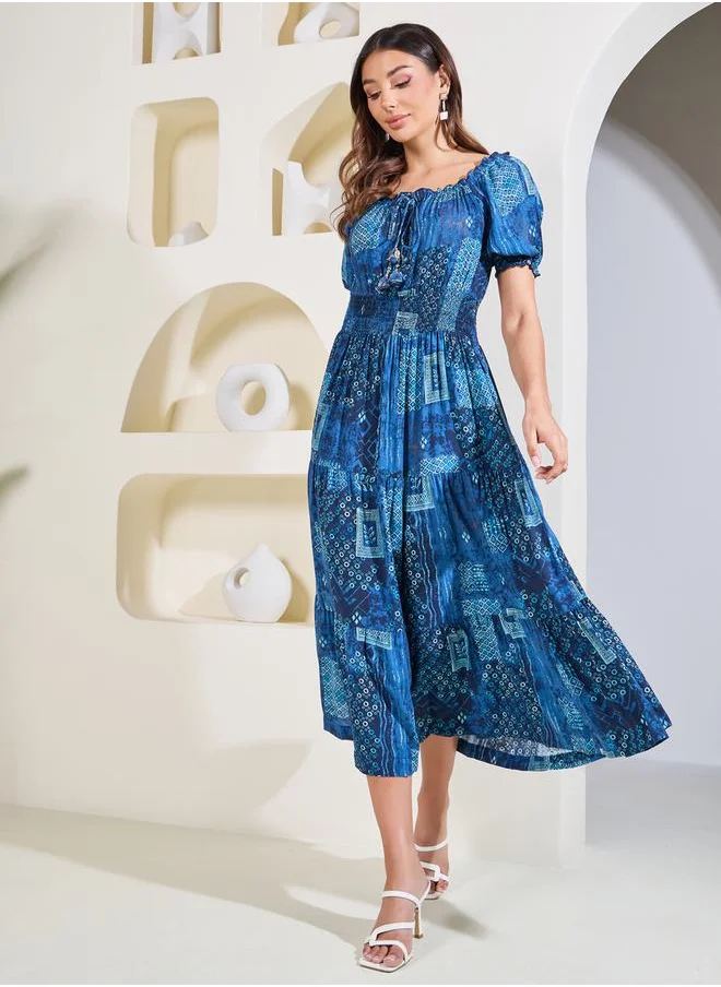 Styli Scarf Print Smocked Detail Tiered Midi Dress