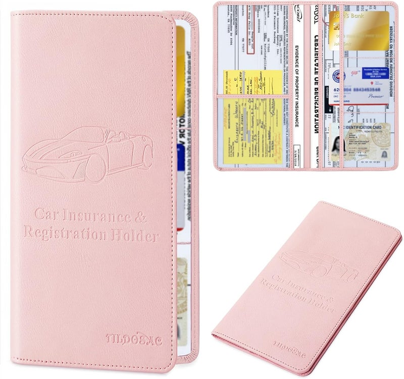 TILDOSAC Leather Car Registration and Insurance Card Holder, Car Document Holder for Cards License with Magnetic Shut (Pink, large) - Image 1