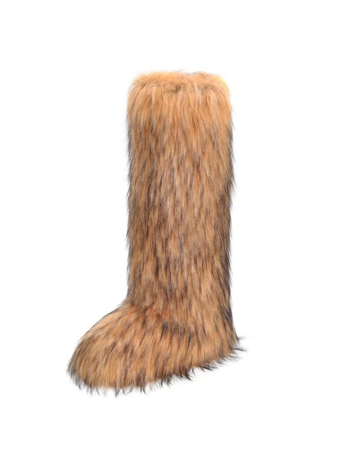 ZVC Women's Faux Fur Boots Comfortable Furry Snow Boots Fluffy Winter Boots Warm Fuzzy Outdoor Knee-High Boots Indoor Flat Shoes - Image 1