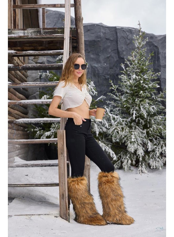 ZVC Women's Faux Fur Boots Comfortable Furry Snow Boots Fluffy Winter Boots Warm Fuzzy Outdoor Knee-High Boots Indoor Flat Shoes - Image 4