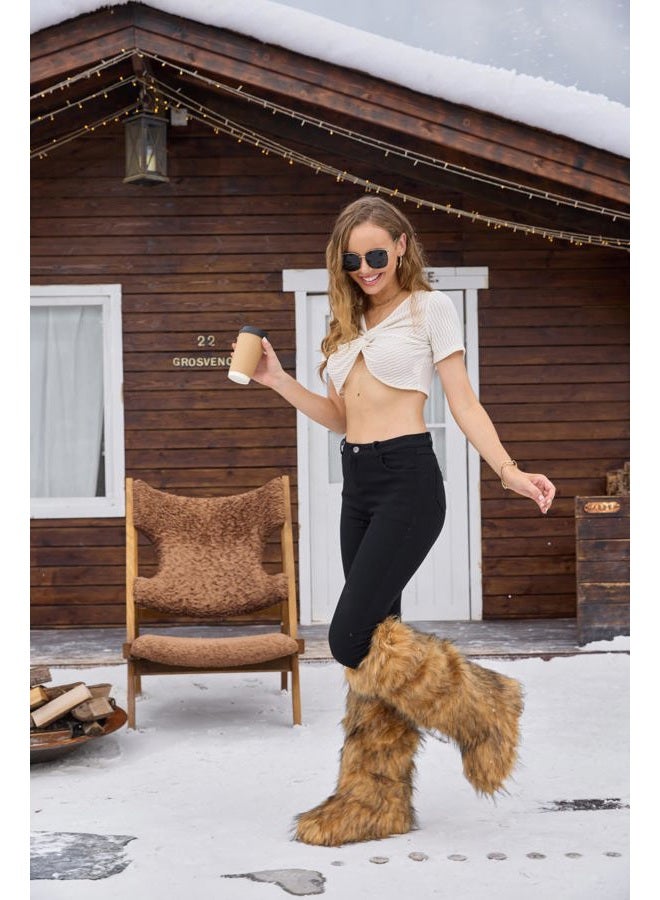 ZVC Women's Faux Fur Boots Comfortable Furry Snow Boots Fluffy Winter Boots Warm Fuzzy Outdoor Knee-High Boots Indoor Flat Shoes - Image 5