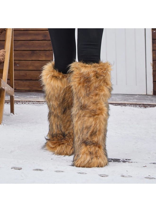 ZVC Women's Faux Fur Boots Comfortable Furry Snow Boots Fluffy Winter Boots Warm Fuzzy Outdoor Knee-High Boots Indoor Flat Shoes - Image 2