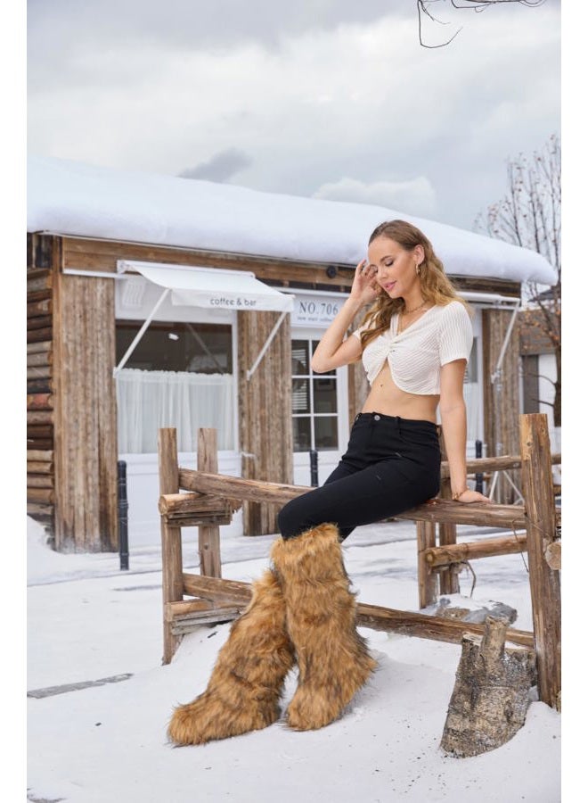 ZVC Women's Faux Fur Boots Comfortable Furry Snow Boots Fluffy Winter Boots Warm Fuzzy Outdoor Knee-High Boots Indoor Flat Shoes - Image 3