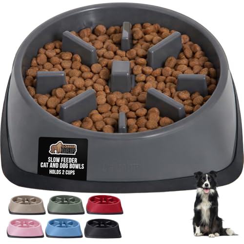 GORILLA GRIP Patented BPA Free Slow Feeder Dog Bowls Interactive Puzzle Toy for Dogs and Cats Food Training Enrichment Keeps Pets Busy and Prevents Puppy Overeating All Breeds 2 Cup Gray - Image 1