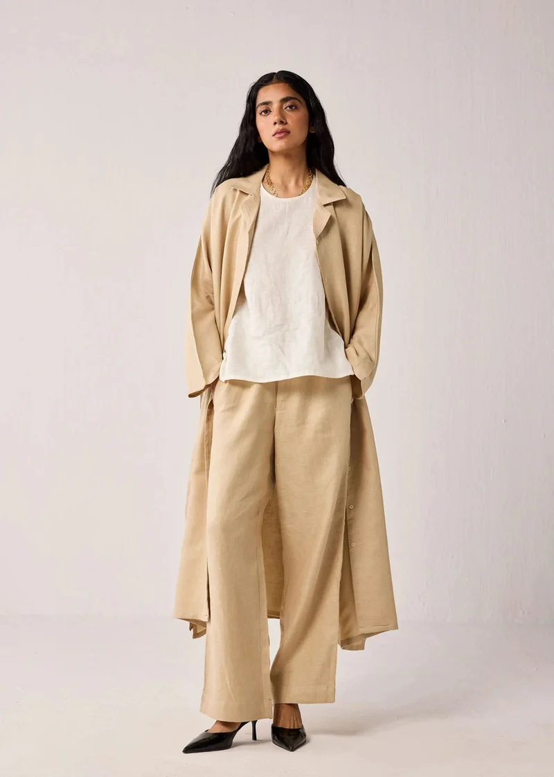 Noor  Oversized Lightweight Hemp Trench Coat With Side Slits In Beige for Women | Best Price UAE