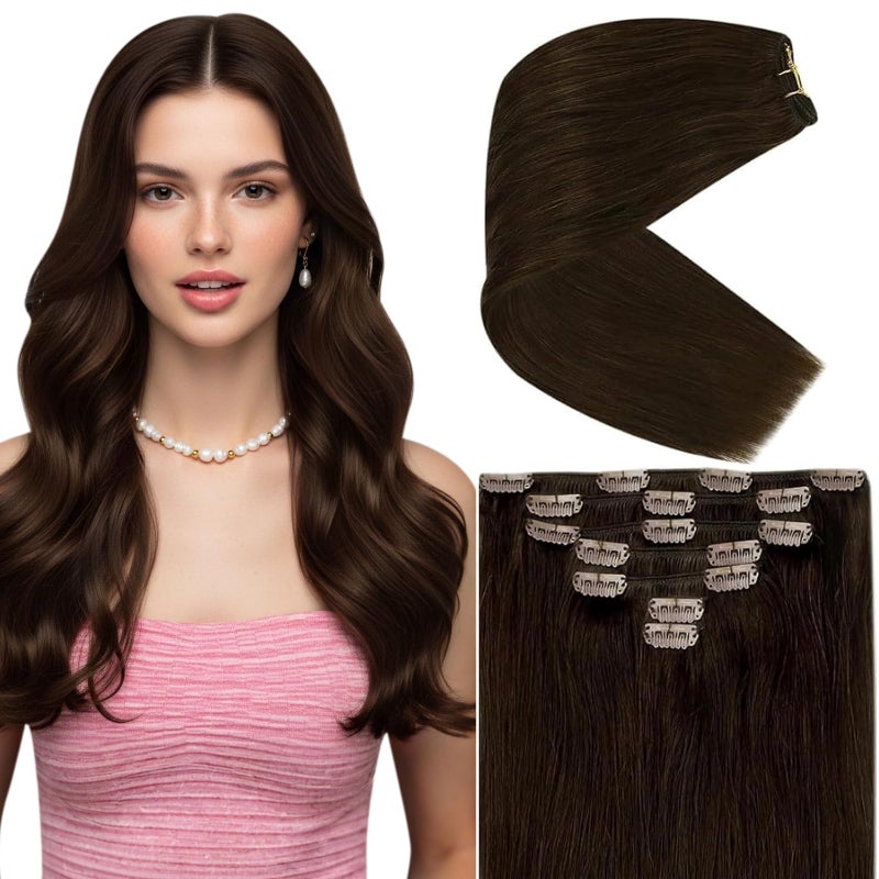 Ve Sunny Clip in Hair Extensions Real Human Hair Dark Brown Hair Extensions Clip ins 14Inch Human Hair Clip in Extensions 100g