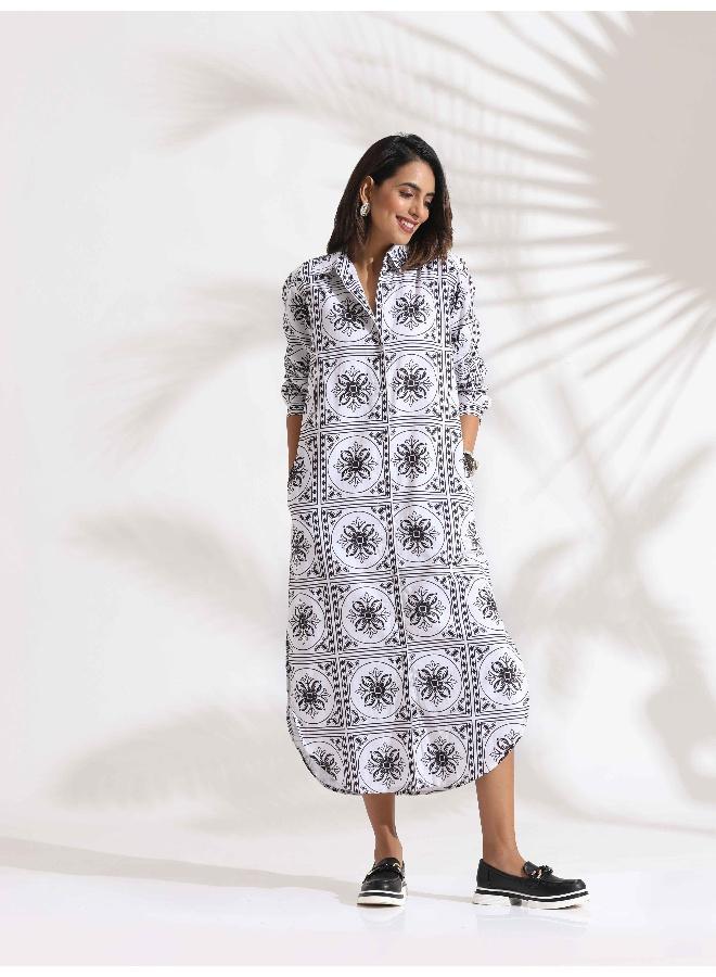 ترو برونز trueBrowns White Cotton Print Shirt Dress  - Image 3
