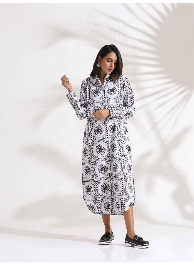 ترو برونز trueBrowns White Cotton Print Shirt Dress  - Image 2